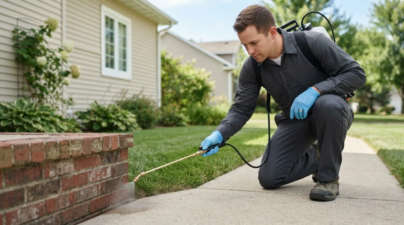 Pest control technician treating a home near Fayville, MA