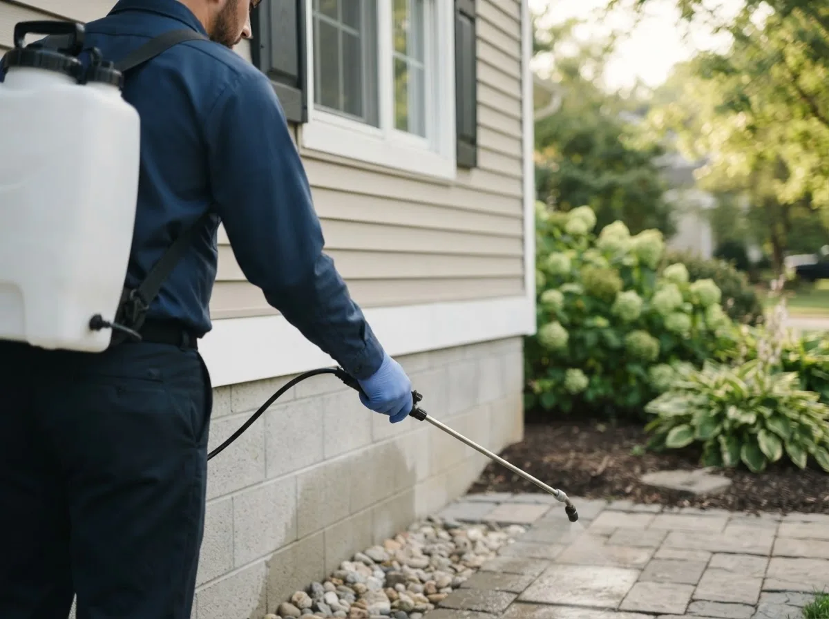 Pest control technician inspecting a home in Fayville, MA